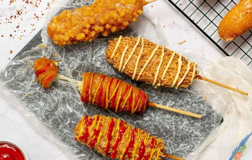 Bánh hotdog phô mai kéo sợi hấp dẫn sau khi chiên bằng nồi không dầu, sẵn sàng thưởng thức.