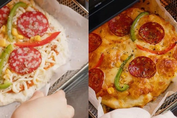 Bánh pizza trước và sau khi nướng trong nồi chiên không dầu