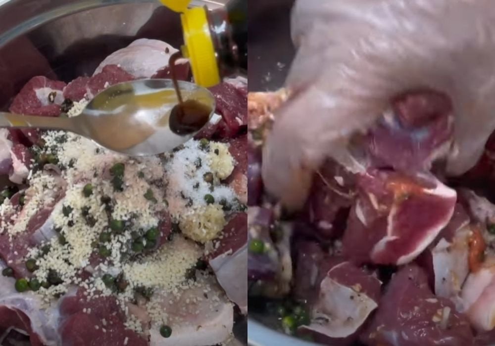 Bắp bò đang được ướp với gia vị tiêu xanh