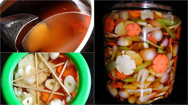 Bình thủy tinh ngâm dưa món với nước mắm ngâm vàng óng