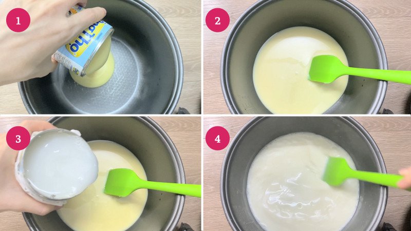 Bước hòa tan sữa đặc và các nguyên liệu ban đầu khi làm sữa chua bằng nồi cơm điện.