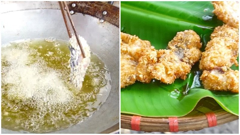 Cá rô phi đang chiên giòn trong chảo