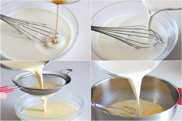 Các bước trộn nguyên liệu làm pudding trứng