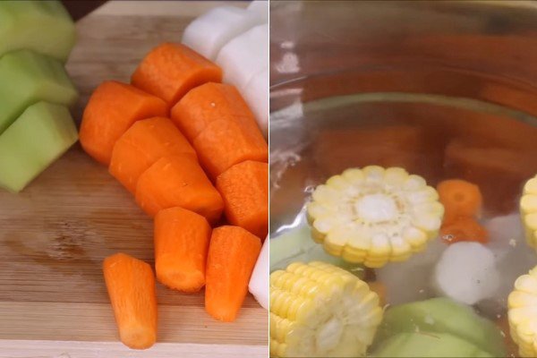 Các loại rau củ như cà rốt, củ cải trắng đang được hầm trong nồi, tạo nên phần nước dùng ngọt thanh cho lẩu chay