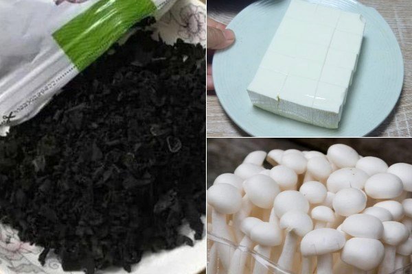 Các nguyên liệu chính chuẩn bị cho món canh nấm rong biển chay
