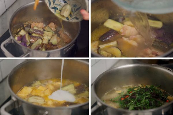 Các nguyên liệu được cho vào nồi để nấu canh cà bung đậu