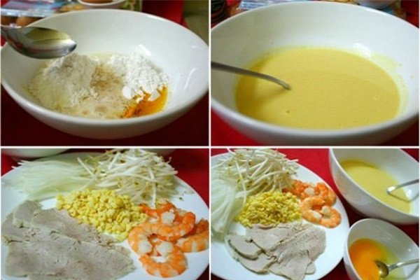 Các nguyên liệu làm bánh xèo miền Bắc tươi ngon bao gồm tôm, thịt, hành tây và rau sống.