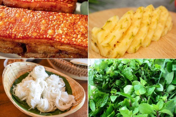 Các nguyên liệu tươi xanh chuẩn bị cho món bún mắm nêm heo quay