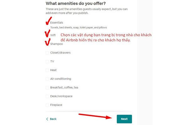Các tiện nghi và vật dụng có thể chọn khi đăng tin trên Airbnb