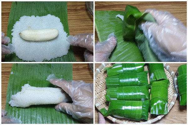 Cách bọc chuối với lớp xôi nếp dẻo thơm bằng lá chuối, chuẩn bị cho quá trình nướng bánh chuối nếp.