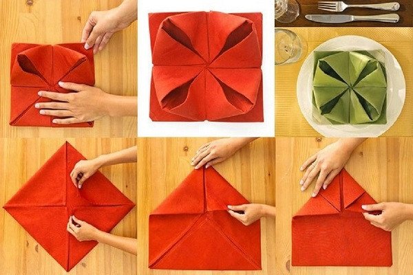 Cách gấp khăn ăn hình hoa sen nở rực rỡ trên đĩa, tạo điểm nhấn cho bàn tiệc