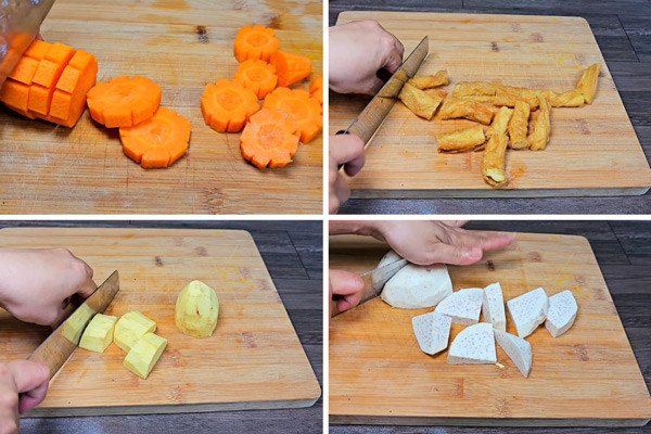 Cắt rau củ thành miếng vừa ăn cho món cà ri chay