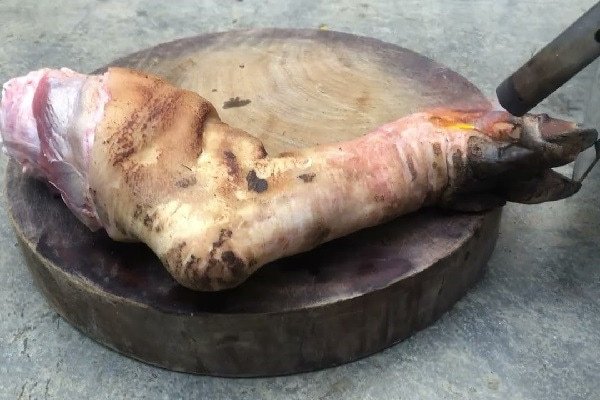 Chân giò heo đang được thui vàng trên lửa để chuẩn bị nấu giả cầy