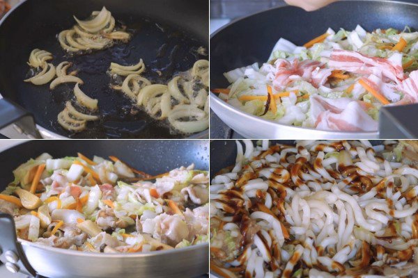Chảo mì udon xào rau củ và thịt bò đang được chế biến