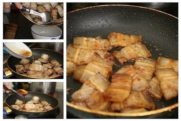 Chảo thịt kho cháy cạnh đang được rang trên bếp, có màu vàng đẹp mắt