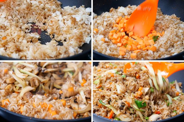 Chế biến cơm chiên chay rau củ trên chảo nóng