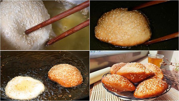 Chi tiết quá trình chiên bánh tiêu phồng vàng đều trong chảo dầu nóng, minh họa bí quyết chiên bánh tiêu giòn rụm