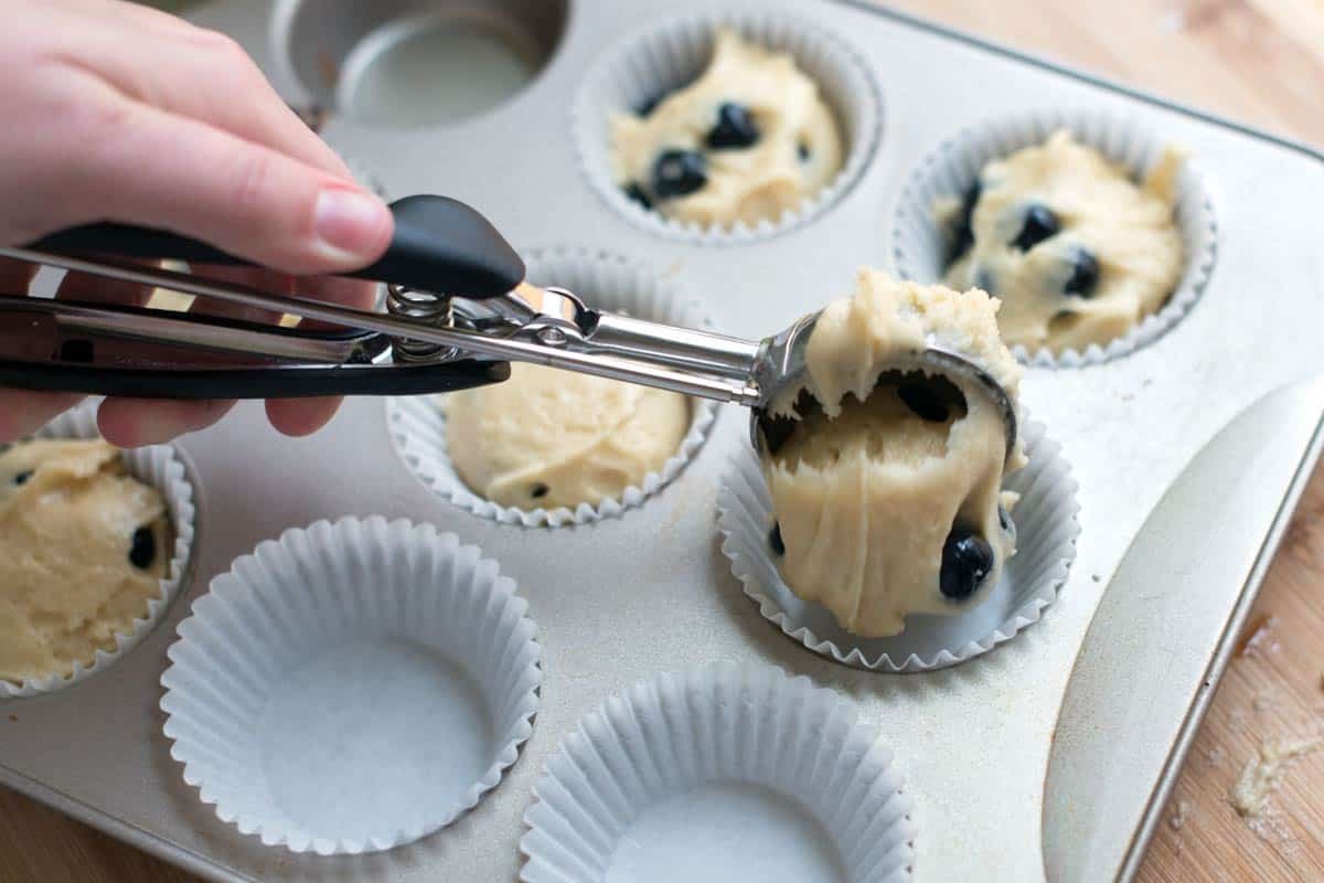 Chia hỗn hợp bánh muffin yến mạch vào khuôn