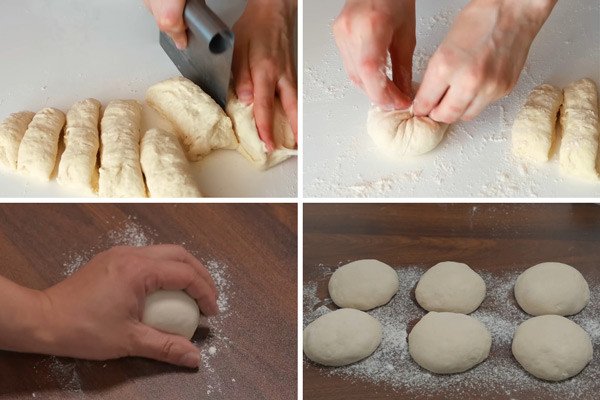 Chia và se tròn bột để tạo hình vỏ bánh hamburger bò