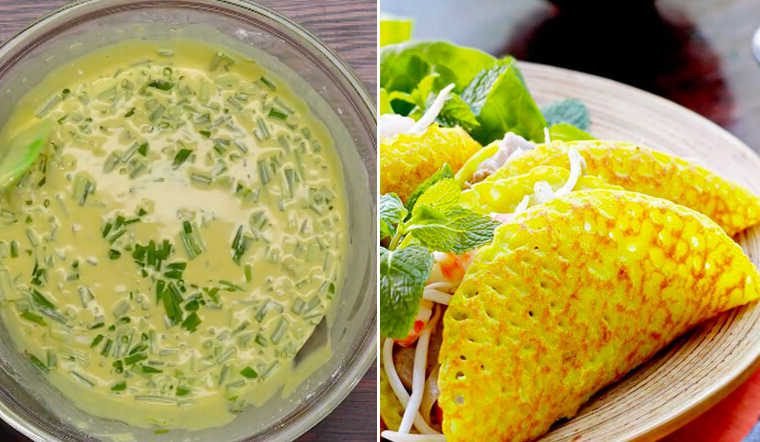 Chiếc bánh xèo vàng giòn rụm đang chiên trong chảo chống dính