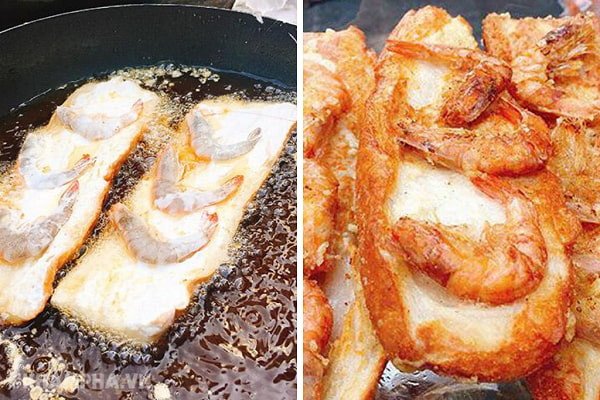 Chiên bánh mì tôm vàng giòn trong dầu nóng