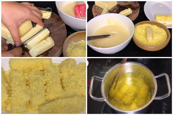 Chiên bánh sữa tươi vàng đều trên chảo dầu sôi