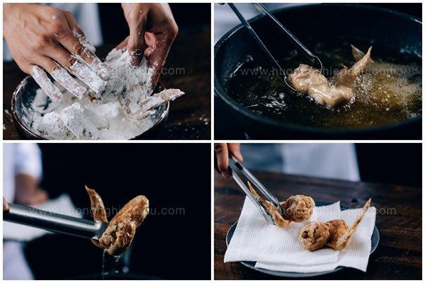 Chiên cánh gà tẩm bột vàng giòn đều các mặt