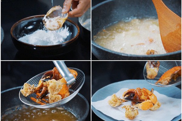 Chiên cua vàng giòn đều trước khi rang me