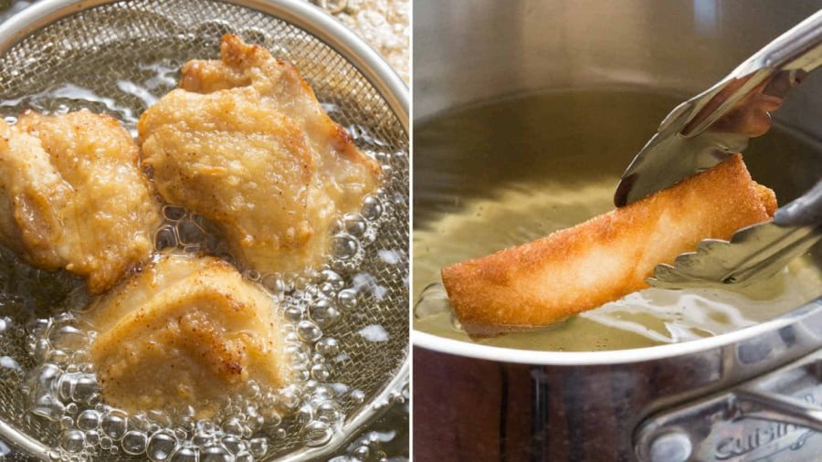 Chiên thực phẩm vàng đều trong chảo dầu nóng, hạn chế ngấm dầu