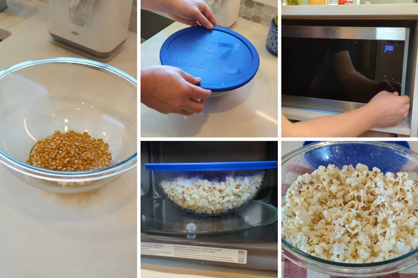 Cho hạt bắp khô vào tô thủy tinh sẵn sàng làm bắp rang bơ bằng lò vi sóng
