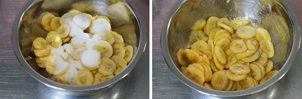 Chuối sứ thái lát đang được ướp gia vị chuẩn bị làm bánh chuối nướng