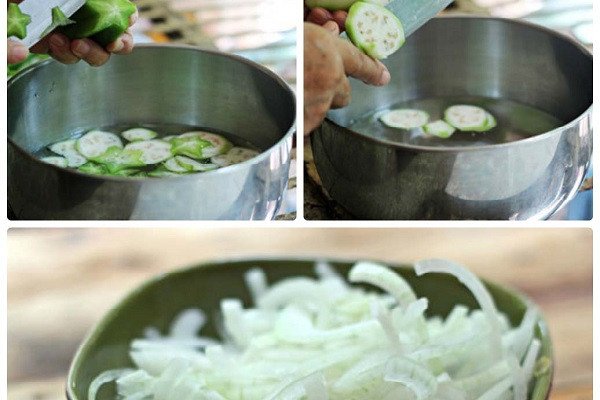 Chuối xanh và khế thái lát mỏng ngâm trong nước chanh để làm gỏi bò bóp thấu