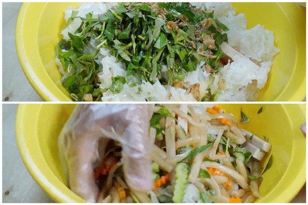 Công đoạn trộn các thành phần trong món gỏi ngó sen chay đơn giản