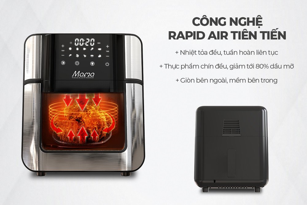 Công nghệ Rapid Air được trang bị trên nồi chiên không dầu SUNHOUSE giúp thịt bò chín đều từ trong ra ngoài
