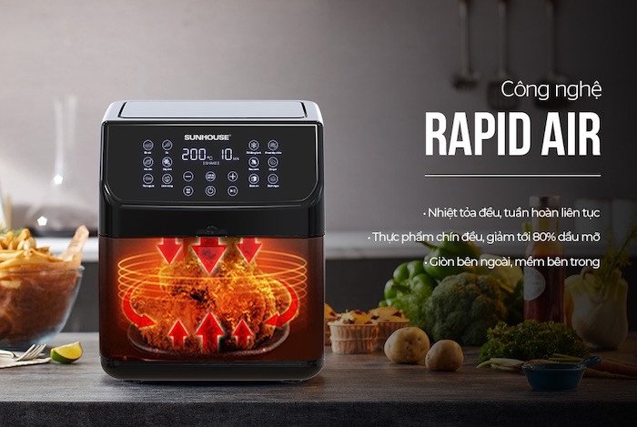 Công nghệ Rapid Air trên nồi chiên không dầu giúp giảm dầu mỡ và thực phẩm giòn ngon