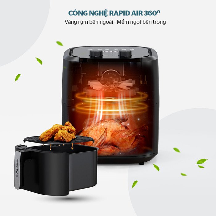 Công nghệ Rapid Air trên nồi chiên không dầu giúp thịt gà chín đều từ ngoài vào trong và giảm đến 80% chất béo
