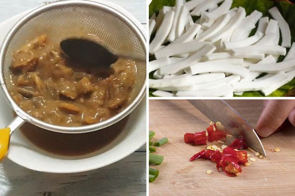 cùi dừa già đã bào sợi và ớt hiểm cắt lát, nguyên liệu bổ sung cho món cút lộn xào me dừa