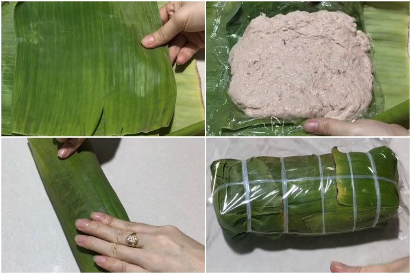 Dàn đều hỗn hợp giò sống lên lá chuối trước khi cuộn lại thành cây giò nạc