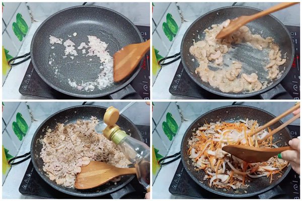 Đang xào nhân tôm thịt đậm đà trên chảo để chuẩn bị làm bánh xèo miền Bắc, đảm bảo hương vị hấp dẫn