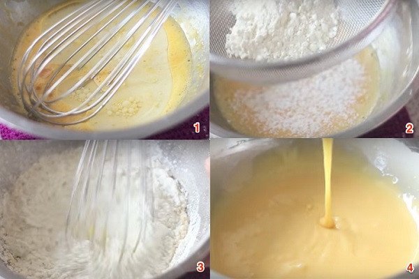 Đánh bông trứng và trộn đều với hỗn hợp bột khô