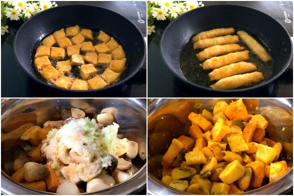 Đậu phụ và mì căn chiên vàng ươm chuẩn bị cho món mì Quảng chay