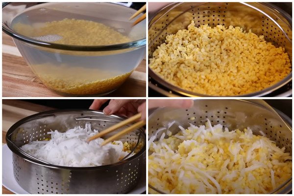 Đậu xanh và dừa nạo được hấp chín tạo nên phần nhân bánh ướt ngọt béo bùi