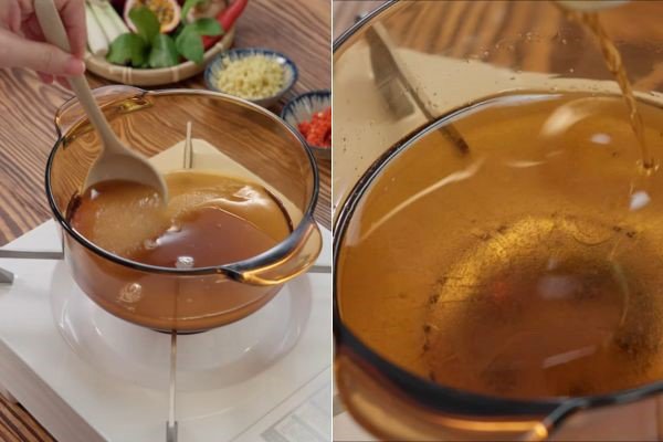 Đun hỗn hợp nước mắm đường cho nước chấm ốc