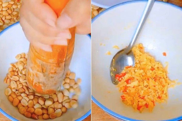Dùng chày giã đậu phộng, tỏi, ớt và gừng tạo hỗn hợp nhuyễn mịn cho nước chấm cá
