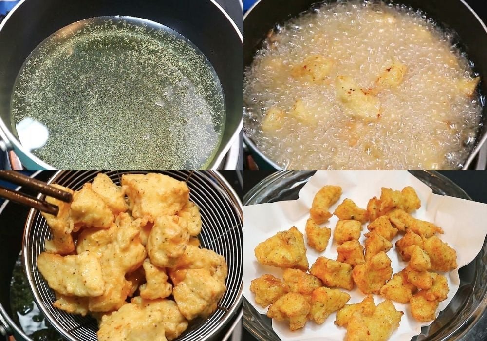 Gà chiên giòn sốt cay sau khi chiên, vàng óng