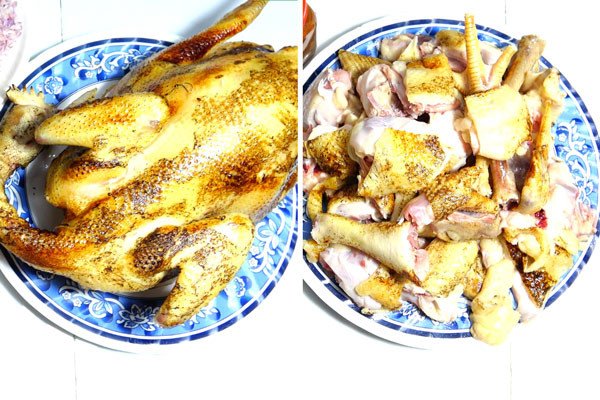 Gà hơ qua trên lửa cho món gà xào lăn cốt dừa