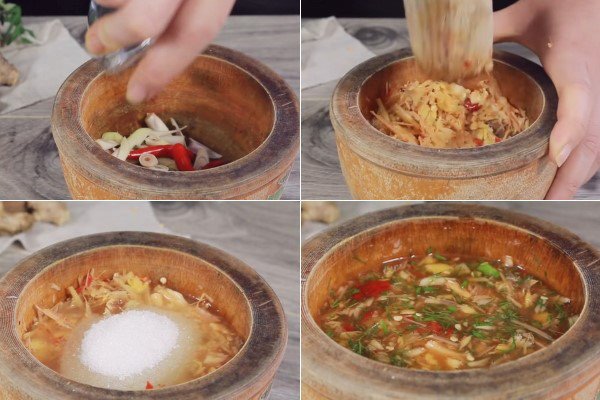 Giã nhuyễn các loại gia vị như sả, ớt, tỏi, gừng để pha nước chấm cá hấp