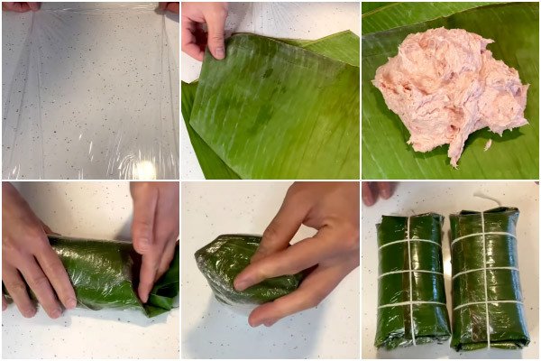 Gói giò nạc cẩn thận bằng lá chuối và màng bọc thực phẩm để tạo hình trụ chắc chắn