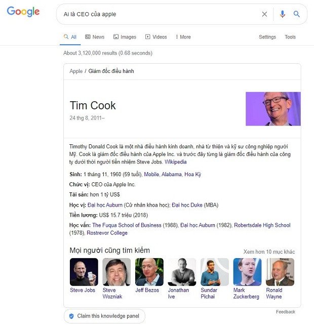 Google hiển thị thông tin thực thể từ Wikidata trong kết quả tìm kiếm