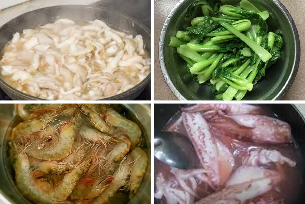 Hải sản và rau củ được trần sơ qua nước sôi để giữ độ tươi ngon